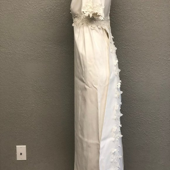 Vintage 60s Linen Blend Tailored Wedding Dress, Heavy Floral Embroidery Trim - Picture 4 of 7